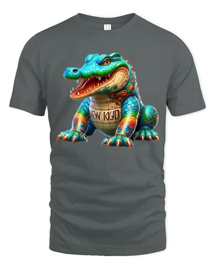 Colorful Cartoon Alligator Graphic T Shirt With Bold Street Art - gray t-shirt on white background