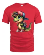 Cute Dino Backpack Cartoon Graphic Tee With Playful Street Style - red t-shirt on white background