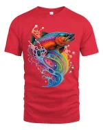 Colorful Rainbow Fish Splash Graphic Tee With Artistic Flow Style - red t-shirt on white background