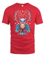 Mystic Colorful Owl Tree Of Life Art Graphic Tee Design - red t-shirt on white background