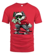 Cool Skater Wolf Graphic T Shirt With Urban Cash Attitude - red t-shirt on white background
