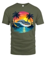 Tropical Cruise Sunset Graphic T Shirt With Relaxing Vacation Vibes - military green t-shirt on white background
