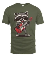 Cool Rock Raccoon Guitar Graphic T Shirt With Funny Music Vibes - military green t-shirt on white background