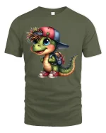 Cute Dino Backpack Cartoon Graphic Tee With Playful Street Style - military green t-shirt on white background