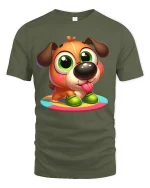 Cute Puppy Cartoon Graphic Tee With Big Eyes And Playful Charm - military green t-shirt on white background