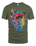 Colorful Rainbow Fish Splash Graphic Tee With Artistic Flow Style - military green t-shirt on white background