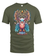Mystic Colorful Owl Tree Of Life Art Graphic Tee Design - military green t-shirt on white background