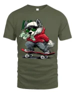 Cool Skater Wolf Graphic T Shirt With Urban Cash Attitude - military green t-shirt on white background