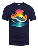 Tropical Cruise Sunset Graphic T Shirt With Relaxing Vacation Vibes - navy t-shirt on white background