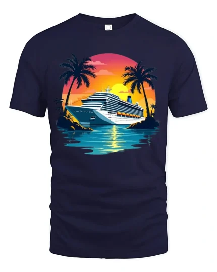 Tropical Cruise Sunset Graphic T Shirt With Relaxing Vacation Vibes - navy t-shirt on white background