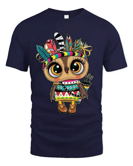Cute Tribal Owl Graphic T Shirt With Colorful Boho Spirit - navy t-shirt on white background