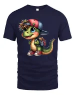 Cute Dino Backpack Cartoon Graphic Tee With Playful Street Style - navy t-shirt on white background