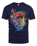 Colorful Rainbow Fish Splash Graphic Tee With Artistic Flow Style - navy t-shirt on white background