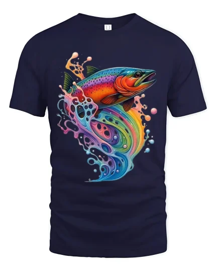 Colorful Rainbow Fish Splash Graphic Tee With Artistic Flow Style - navy t-shirt on white background