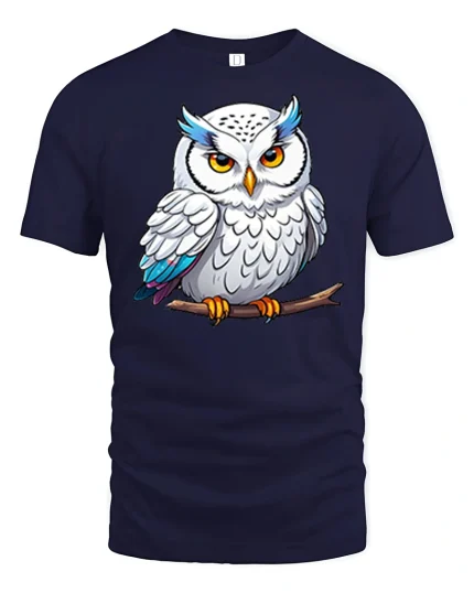 Wise Snowy Owl Graphic Tee With Cute Eyes And Calm Nature Style - navy t-shirt on white background