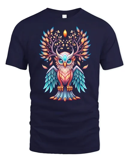 Mystic Colorful Owl Tree Of Life Art Graphic Tee Design - navy t-shirt on white background