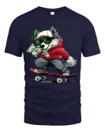 Cool Skater Wolf Graphic T Shirt With Urban Cash Attitude - navy t-shirt on white background