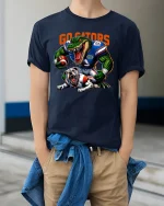 Fierce Gator Football Graphic T Shirt With Powerful Game Energy - model wearing navy tee with hands in pockets