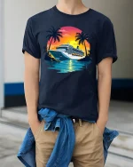 Tropical Cruise Sunset Graphic T Shirt With Relaxing Vacation Vibes - model wearing navy tee with hands in pockets
