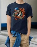 Street Style Snake Breaking Wall Graphic T Shirt With Urban Attitude - model wearing navy tee with hands in pockets