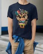 Cute Tribal Owl Graphic T Shirt With Colorful Boho Spirit - model wearing navy tee with hands in pockets