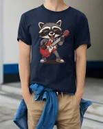 Cool Rock Raccoon Guitar Graphic T Shirt With Funny Music Vibes - model wearing navy tee with hands in pockets