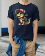Cute Dino Backpack Cartoon Graphic Tee With Playful Street Style - model wearing navy tee with hands in pockets
