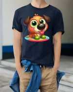 Cute Puppy Cartoon Graphic Tee With Big Eyes And Playful Charm - model wearing navy tee with hands in pockets