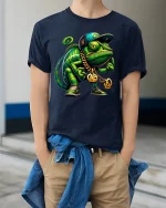 Cool Street Style Chameleon Graphic T Shirt With Urban Hip Hop Art - model wearing navy tee with hands in pockets