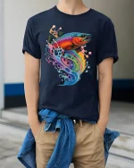 Colorful Rainbow Fish Splash Graphic Tee With Artistic Flow Style - model wearing navy tee with hands in pockets