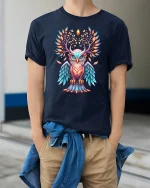 Mystic Colorful Owl Tree Of Life Art Graphic Tee Design - model wearing navy tee with hands in pockets