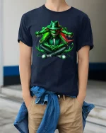 Dark Street Style Crocodile Graphic T Shirt With Bold Urban Attitude - model wearing navy tee with hands in pockets