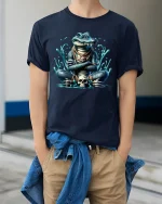Dark Mystic Crocodile Graphic T Shirt With Fierce Tribal Energy - model wearing navy tee with hands in pockets