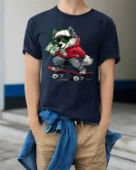 Cool Skater Wolf Graphic T Shirt With Urban Cash Attitude - model wearing navy tee with hands in pockets