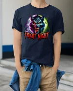 Fright Night Werewolf Graphic T Shirt With Dark Horror Style - model wearing navy tee with hands in pockets