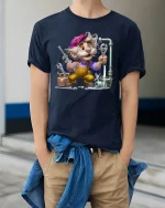 Funny Cartoon Plumber Graphic T Shirt With Handy Repair Vibes - model wearing navy tee with hands in pockets