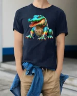 Colorful Cartoon Alligator Graphic T Shirt With Bold Street Art - model wearing navy tee with hands in pockets