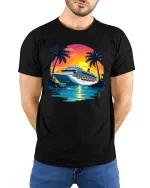 Tropical Cruise Sunset Graphic T Shirt With Relaxing Vacation Vibes - model wearing black tee with hands behind back