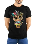 Cute Tribal Owl Graphic T Shirt With Colorful Boho Spirit - model wearing black tee with hands behind back