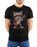 Cool Rock Raccoon Guitar Graphic T Shirt With Funny Music Vibes - model wearing black tee with hands behind back