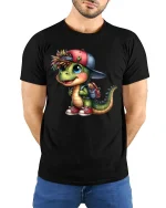 Cute Dino Backpack Cartoon Graphic Tee With Playful Street Style - model wearing black tee with hands behind back