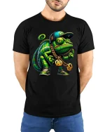 Cool Street Style Chameleon Graphic T Shirt With Urban Hip Hop Art - model wearing black tee with hands behind back
