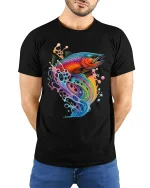 Colorful Rainbow Fish Splash Graphic Tee With Artistic Flow Style - model wearing black tee with hands behind back