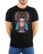 Mystic Colorful Owl Tree Of Life Art Graphic Tee Design - model wearing black tee with hands behind back