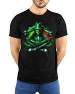 Dark Street Style Crocodile Graphic T Shirt With Bold Urban Attitude - model wearing black tee with hands behind back