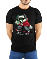 Cool Skater Wolf Graphic T Shirt With Urban Cash Attitude - model wearing black tee with hands behind back