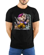 Funny Cartoon Plumber Graphic T Shirt With Handy Repair Vibes - model wearing black tee with hands behind back