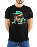 Colorful Cartoon Alligator Graphic T Shirt With Bold Street Art - model wearing black tee with hands behind back
