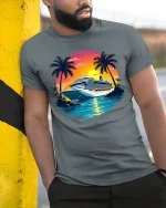 Tropical Cruise Sunset Graphic T Shirt With Relaxing Vacation Vibes - model wearing grey tee, leaning on column