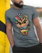 Cute Tribal Owl Graphic T Shirt With Colorful Boho Spirit - model wearing grey tee, leaning on column
